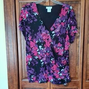 Kate Hill Woman  Floral V-Neck/Drape Blouse - Purple, Pink, Black, 2X